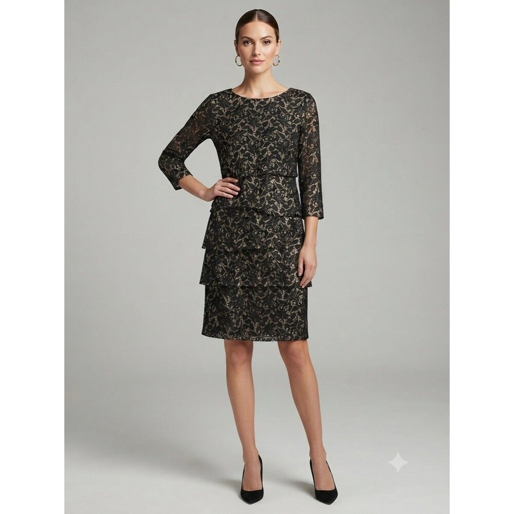 Tahari ASL Bonded Stretch Floral Lace Tiered Dress